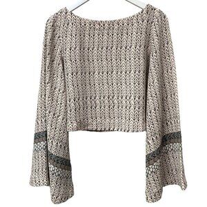 FREE PEOPLE Crop Blouse Size Small Boho Print Cream Stars Aligned Flowy Sleeves